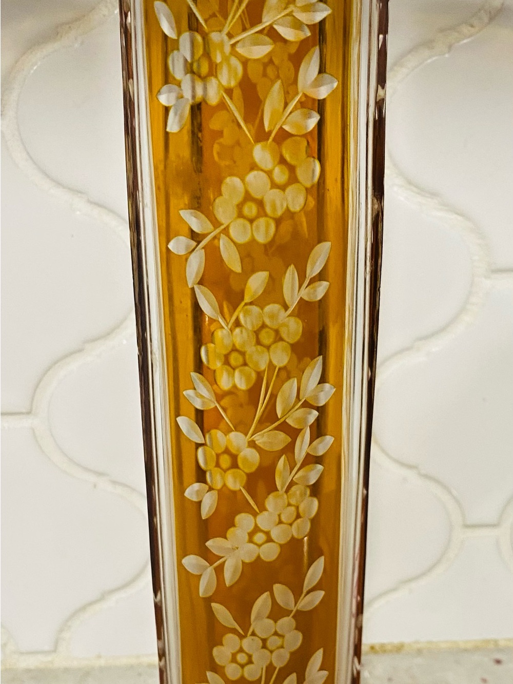 Julia vase from Poland-Etched Amber Glass Wall Panel with Floral Vine Design